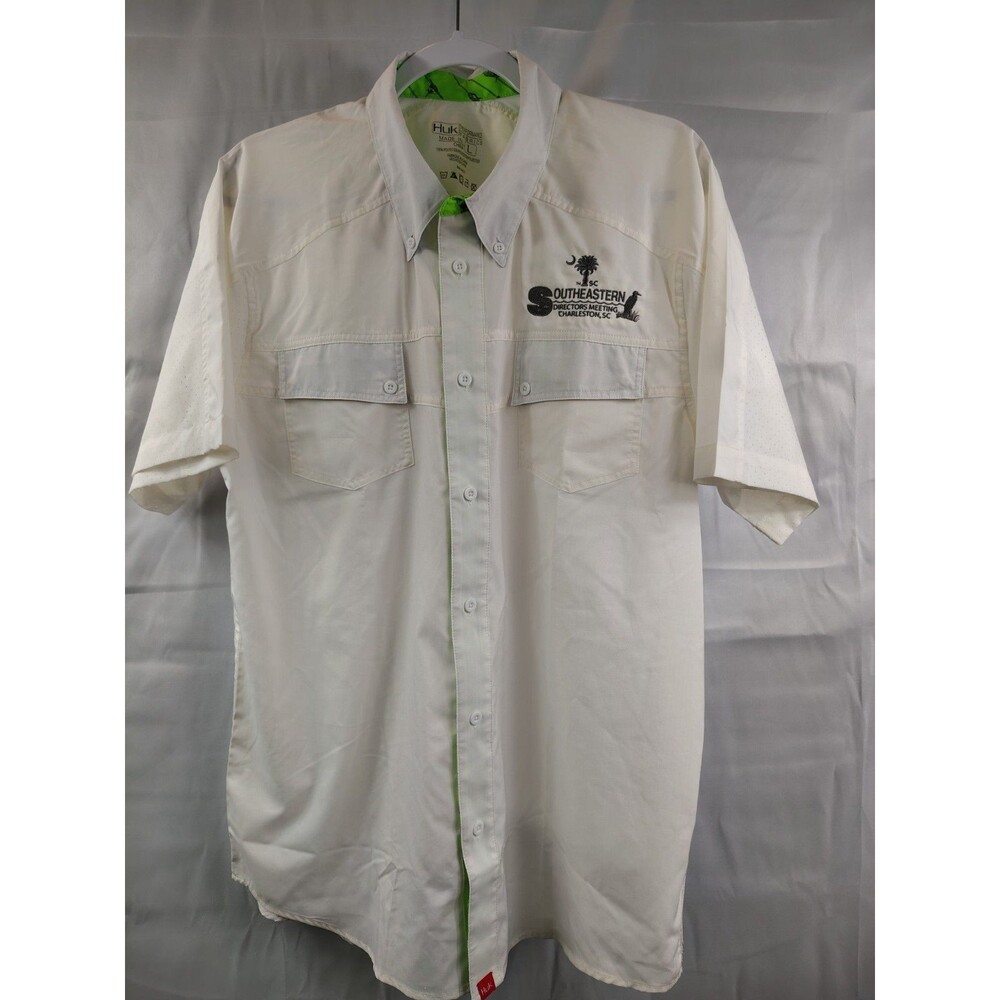 Huk Performance Fishing Shirt Mens Large Off-White Vented Short Sleeve Top